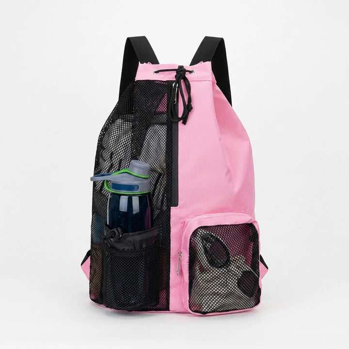 Nylon drawstring gym bag with ventilated wet/dry compartment, ideal for sports gear.