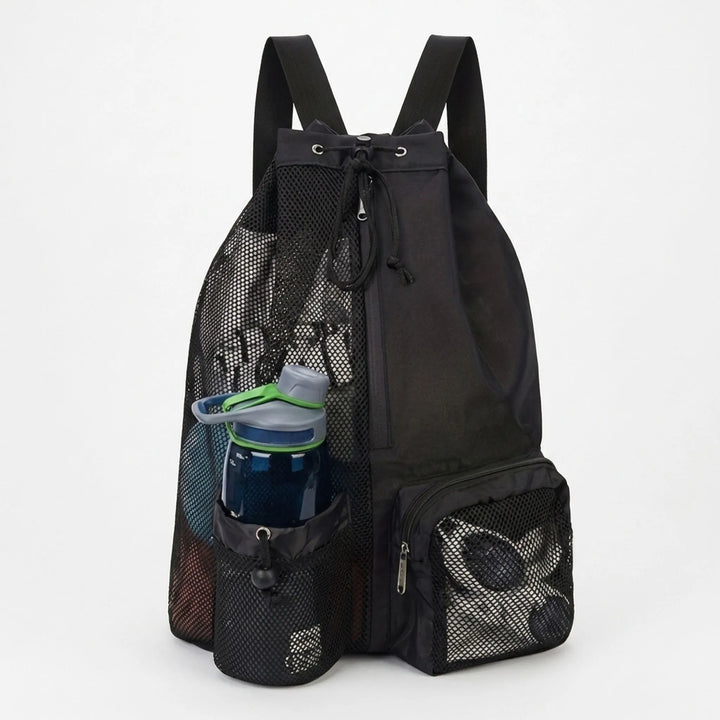 Ventilated black drawstring sports backpack, designed for comfort and gym essentials.
