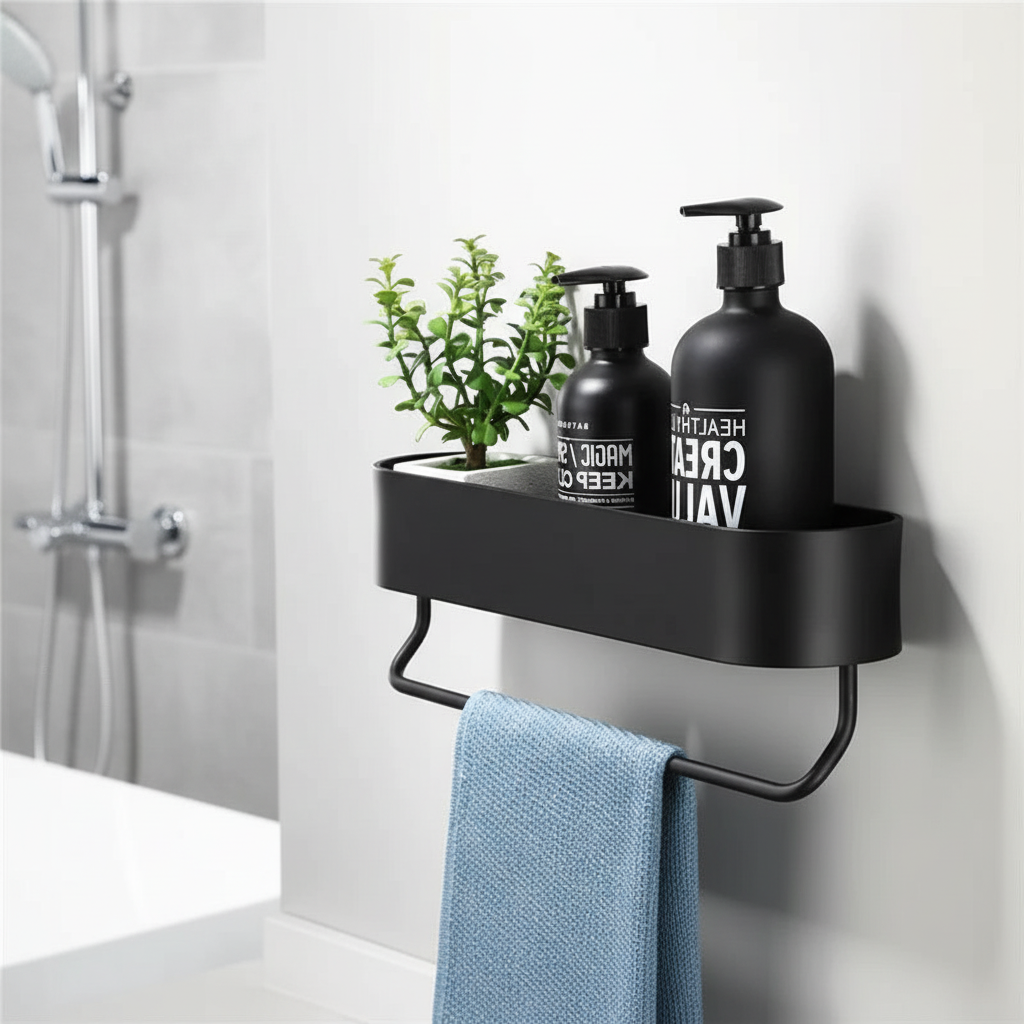 Black wall-mounted metal bathroom shelf with towel bar for space-saving storage
