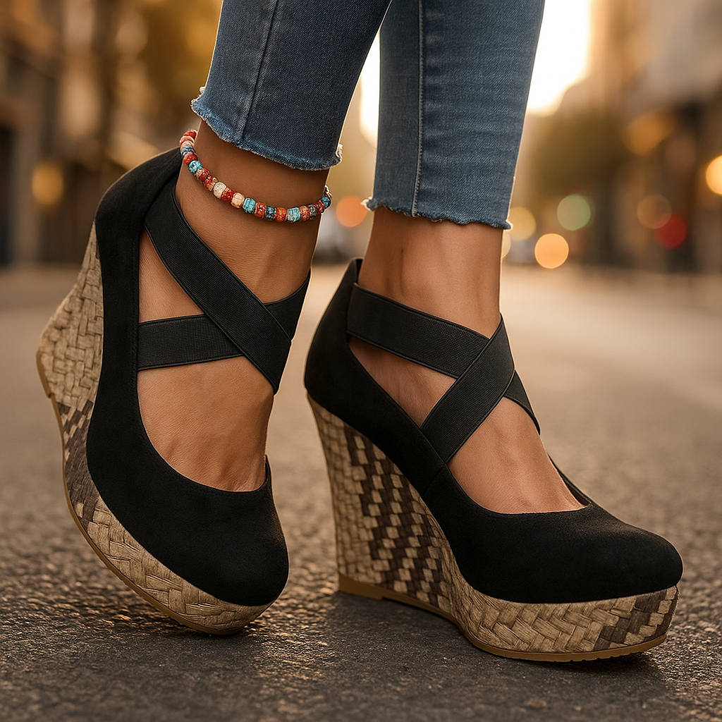 Black women's comfortable crisscross wedge sandals with orthopedic support for all-day wear.
