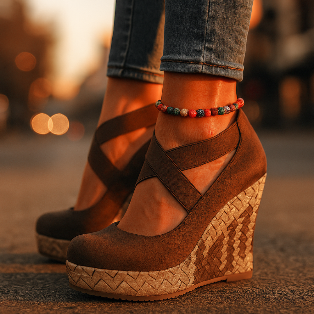 Brown casual chic women's crisscross wedge sandals, offering stable heel and summer comfort.