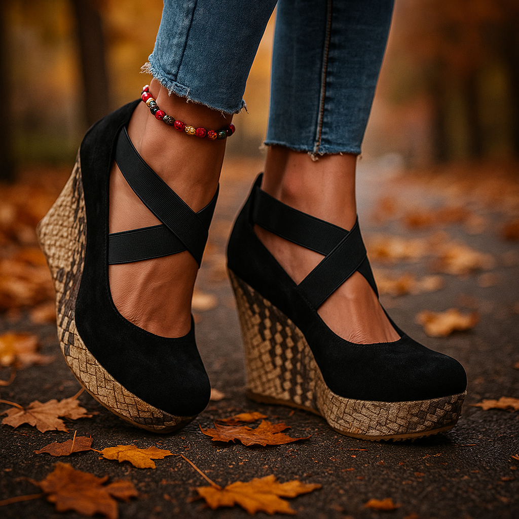 Women's comfortable crisscross wedge sandals, designed for all-day support and orthopedic comfort.