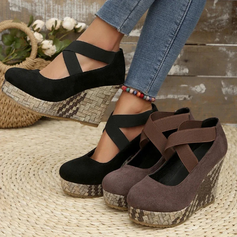 Black women's comfortable crisscross wedge sandals, perfect for summer and providing stable support.