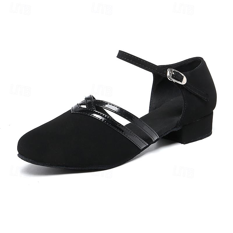 Elegant women's black formal dance shoes with secure ankle strap & low heel for graceful performance.
