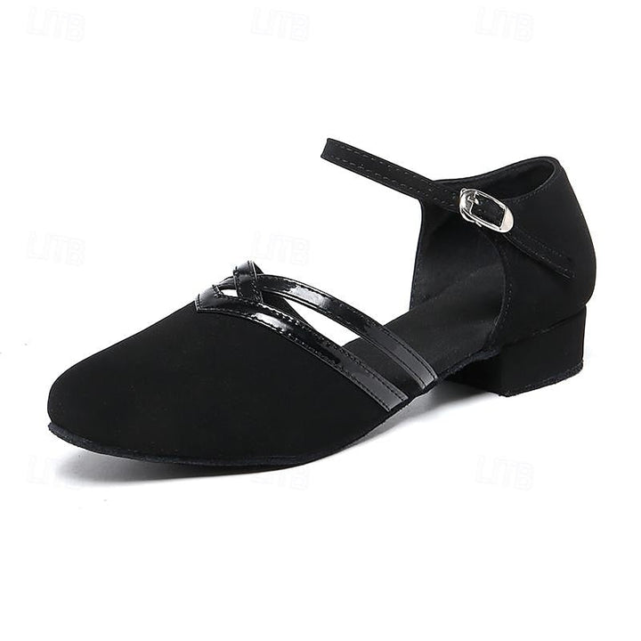 Elegant women's black formal dance shoes with secure ankle strap & low heel for graceful performance.