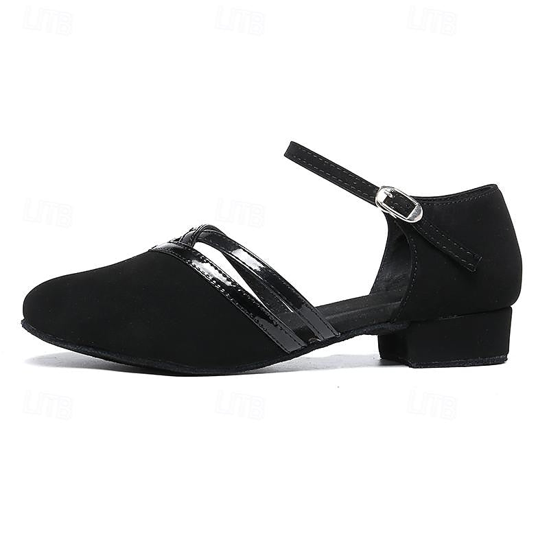 Versatile women's black dance shoes for practice & performance, low heel & ankle strap.