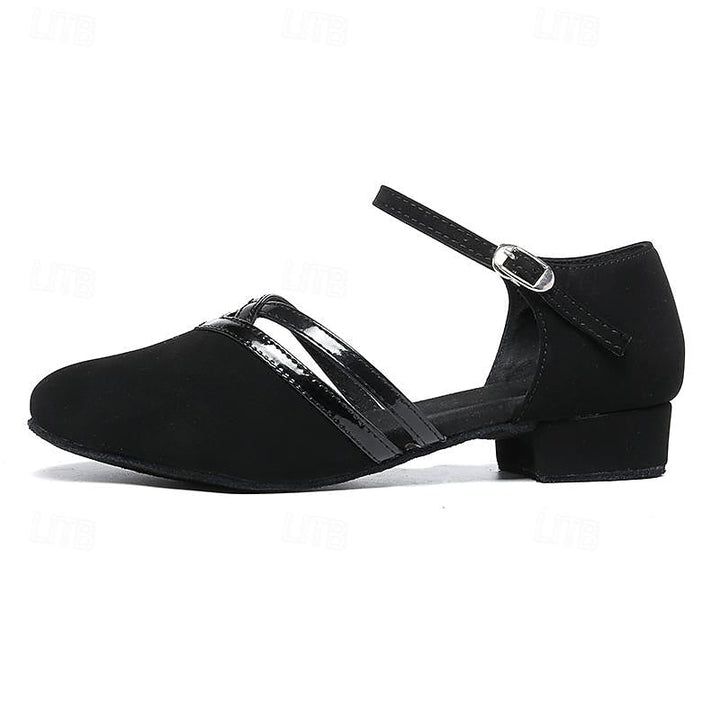 Versatile women's black dance shoes for practice & performance, low heel & ankle strap.