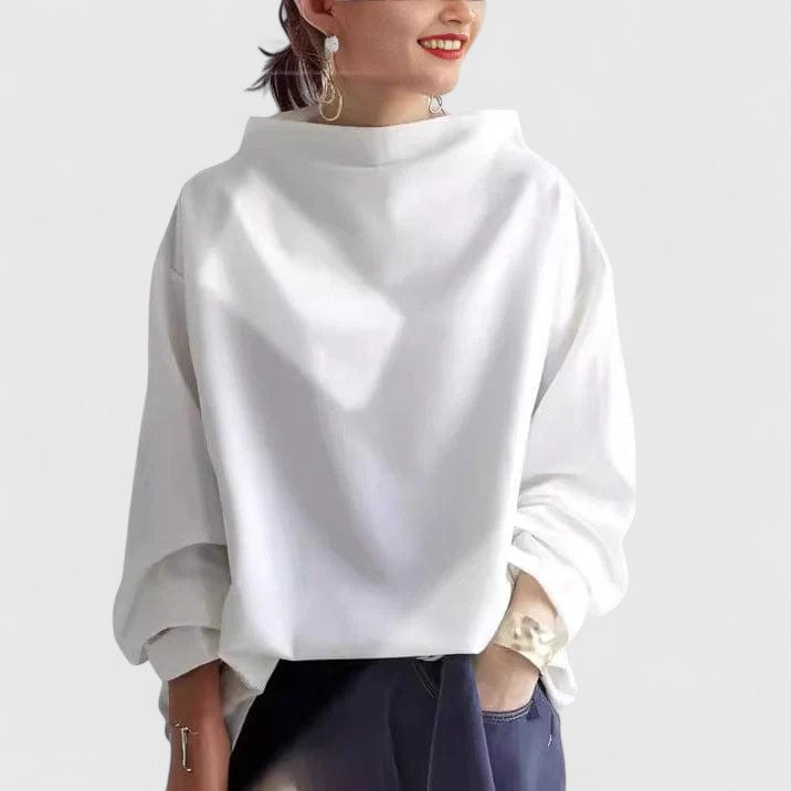 Black women's elegant high-neck long sleeve comfort top, relaxed fit for sophisticated versatile wear.