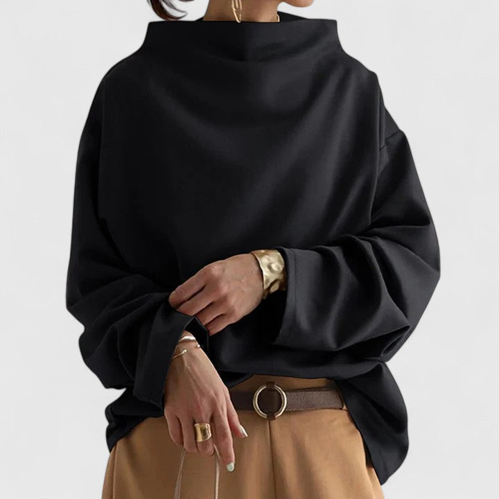 Women's elegant high-neck long sleeve comfort top in various colors, relaxed fit for versatile fashion.