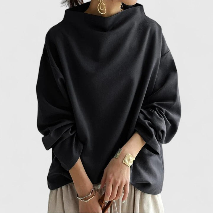Black long sleeve women's comfort top, elegant high-neck design, perfect for sophisticated and relaxed wear.