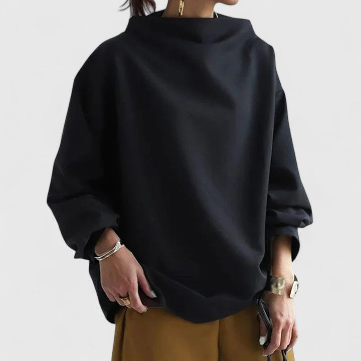Blue women's versatile high-neck top, long sleeve, sophisticated and elegant for everyday comfort.