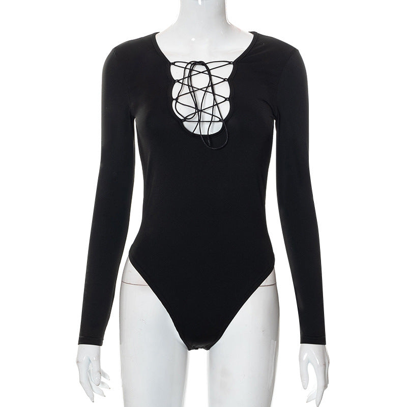Women's black long sleeve lacing bodysuit with deep V-neck. Fitted evening wear, a stylish and daring trendy top.