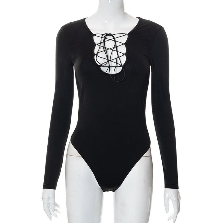 Women's black long sleeve lacing bodysuit with deep V-neck. Fitted evening wear, a stylish and daring trendy top.