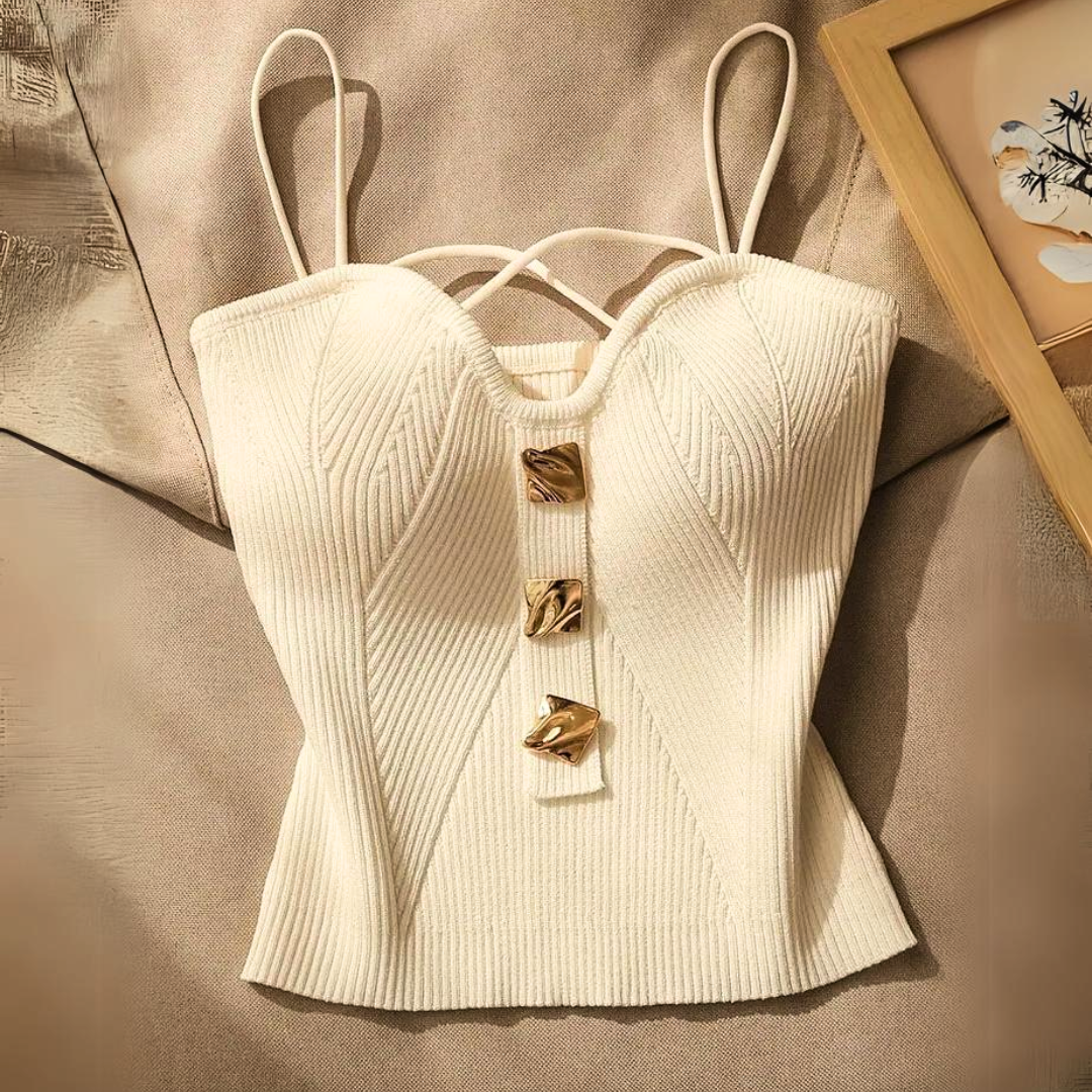 Black women's sculpting corset top with adjustable straps, form-fitting and elegant for a chic going-out look.