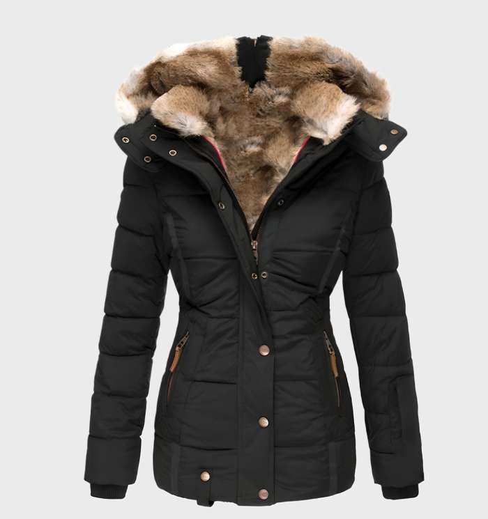 Black women's slim fit winter jacket with hood for warmth & style. Ideal weather protection outerwear.
