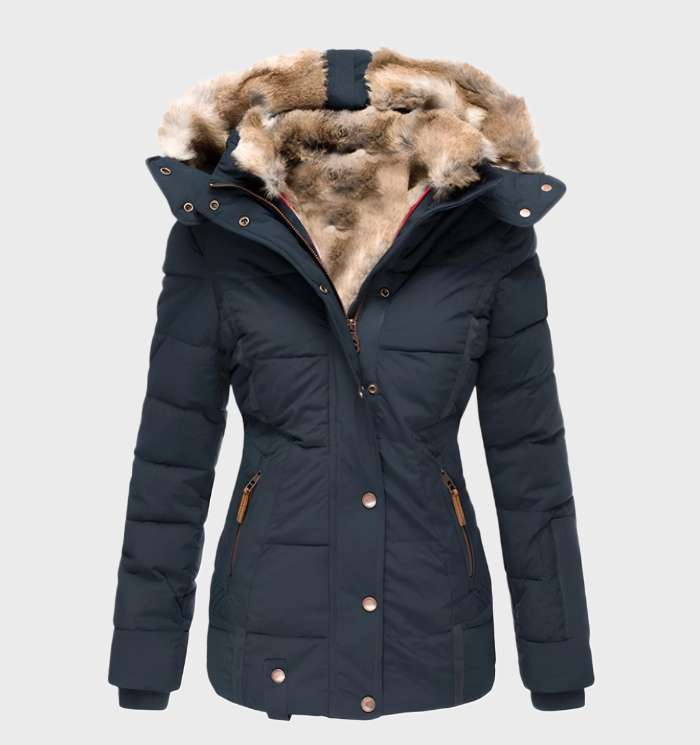 Stylish blue ladies' winter coat. Slim fit, hooded, designed for ultimate warmth & cold weather protection.