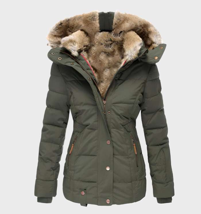 Green women's hooded winter jacket. Warm, slim fit outerwear for stylish protection against the cold.