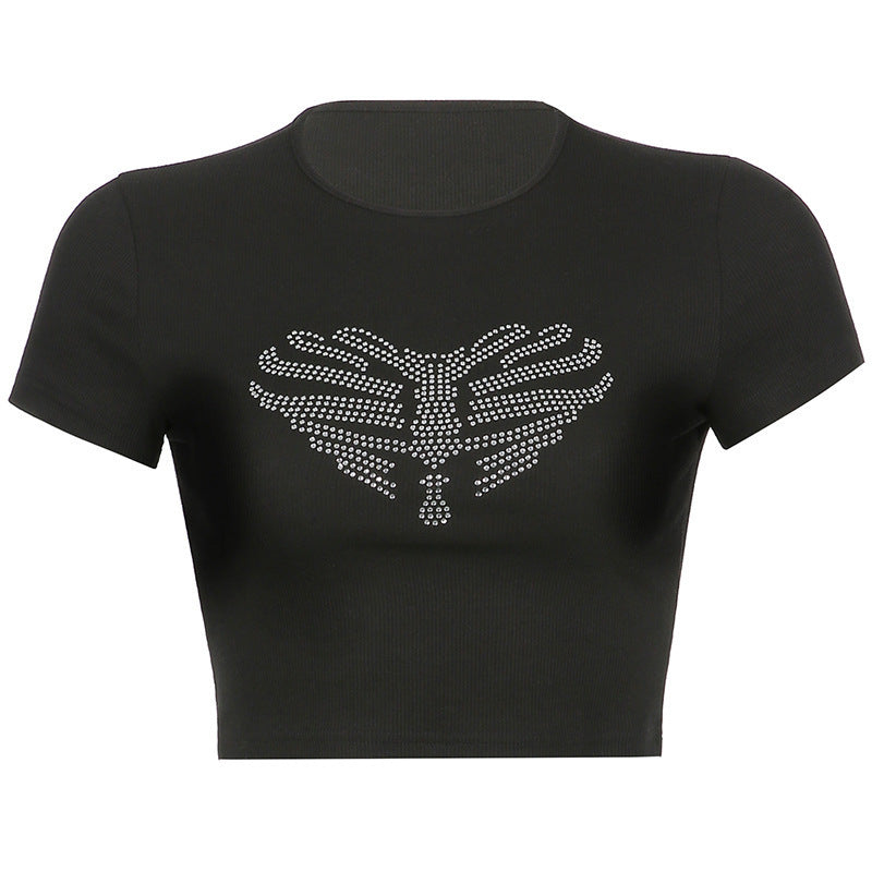 Women's trendy black crop top, showcasing a rhinestone skeleton design, great for unique festival outfits.