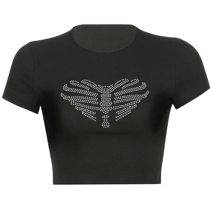 Women's trendy black crop top, showcasing a rhinestone skeleton design, great for unique festival outfits.