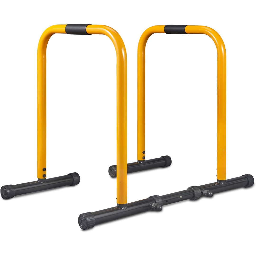 Black & yellow Home Fitness Dip Station & Push-up Stand for bodyweight strength training.