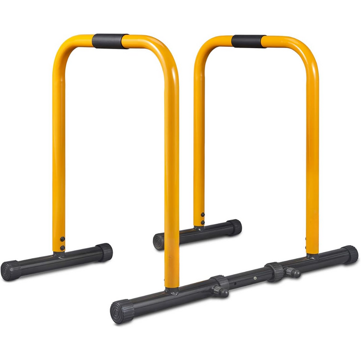 Black & yellow Home Fitness Dip Station & Push-up Stand for bodyweight strength training.