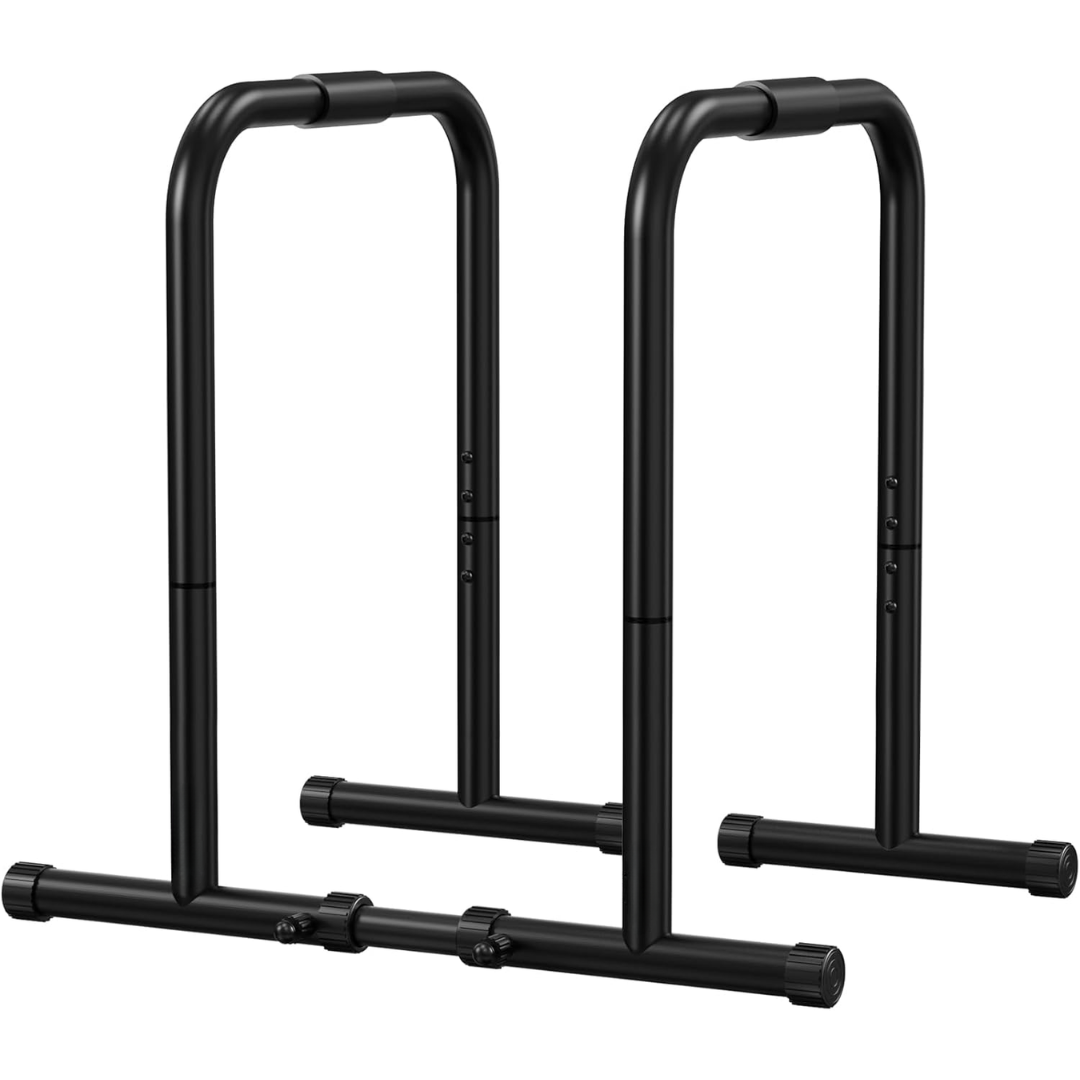 Multi-functional black & yellow push-up stand & dip station for home gym strength & fitness exercises.
