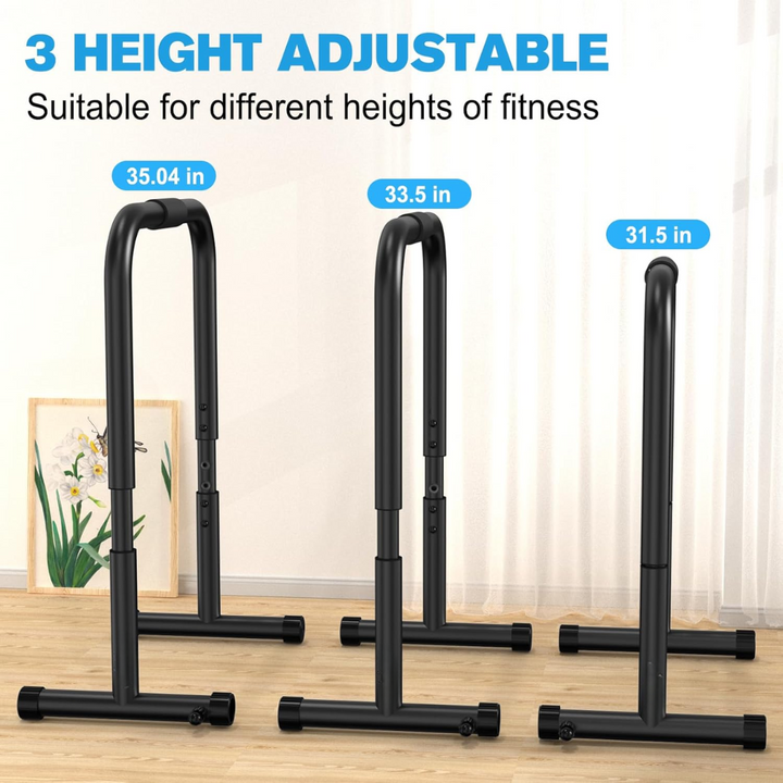 Durable black steel dip station & push-up stand, ideal for home fitness strength and bodyweight exercises.