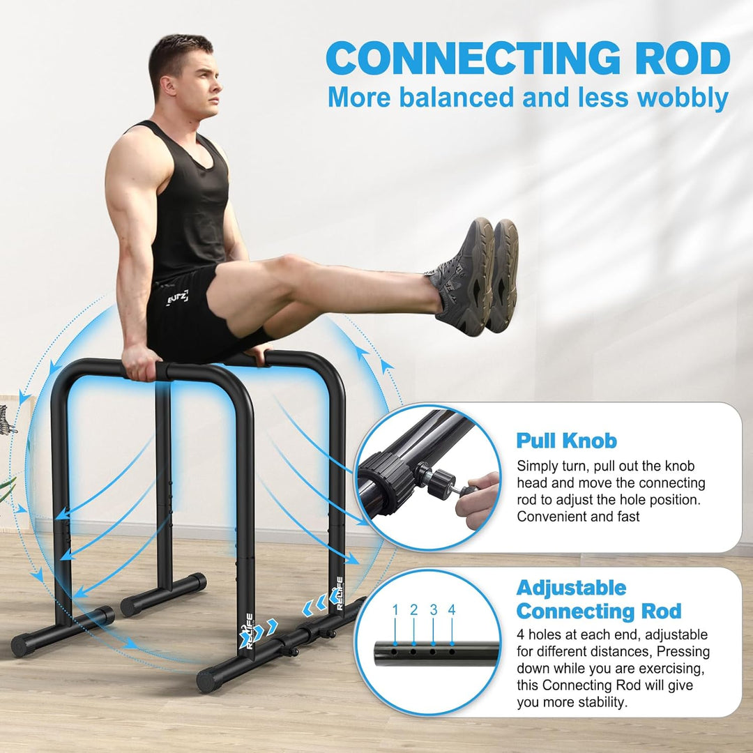 User performing dips on a black and yellow home fitness dip station for strength training workout.