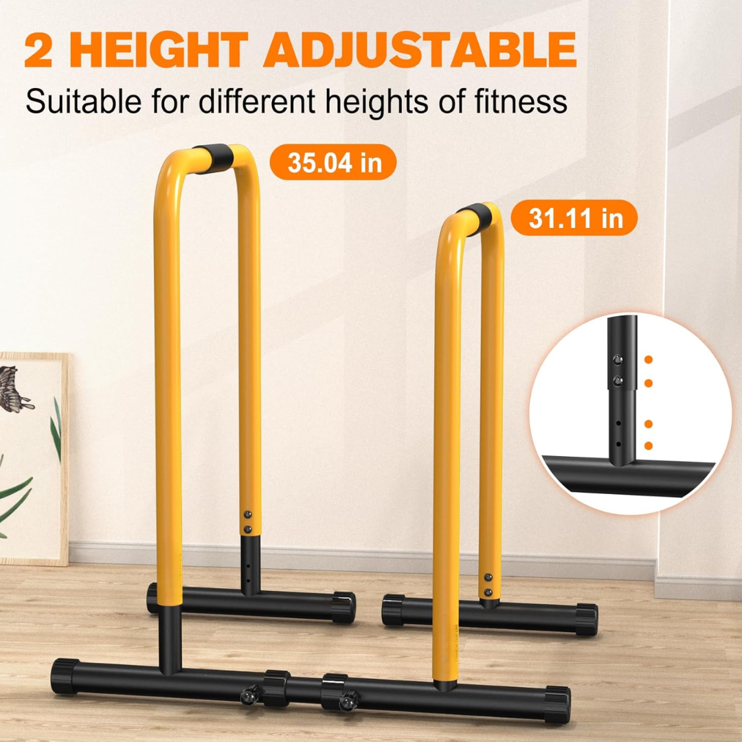 Adjustable height black & yellow dip station, perfect for varied home gym strength & bodyweight workouts.