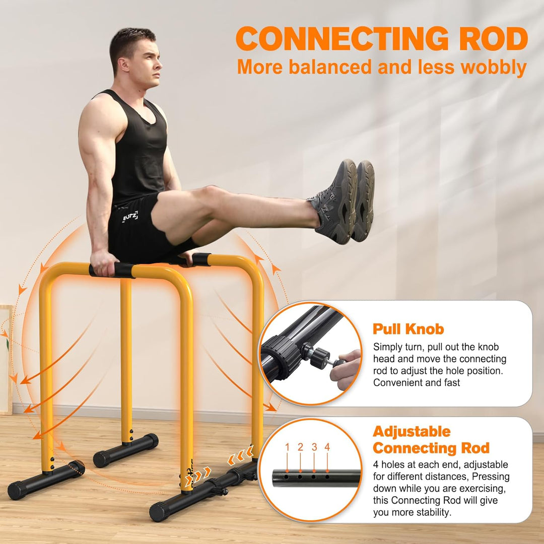Versatile black & yellow home fitness dip station & push-up stand for strength & calisthenics training.