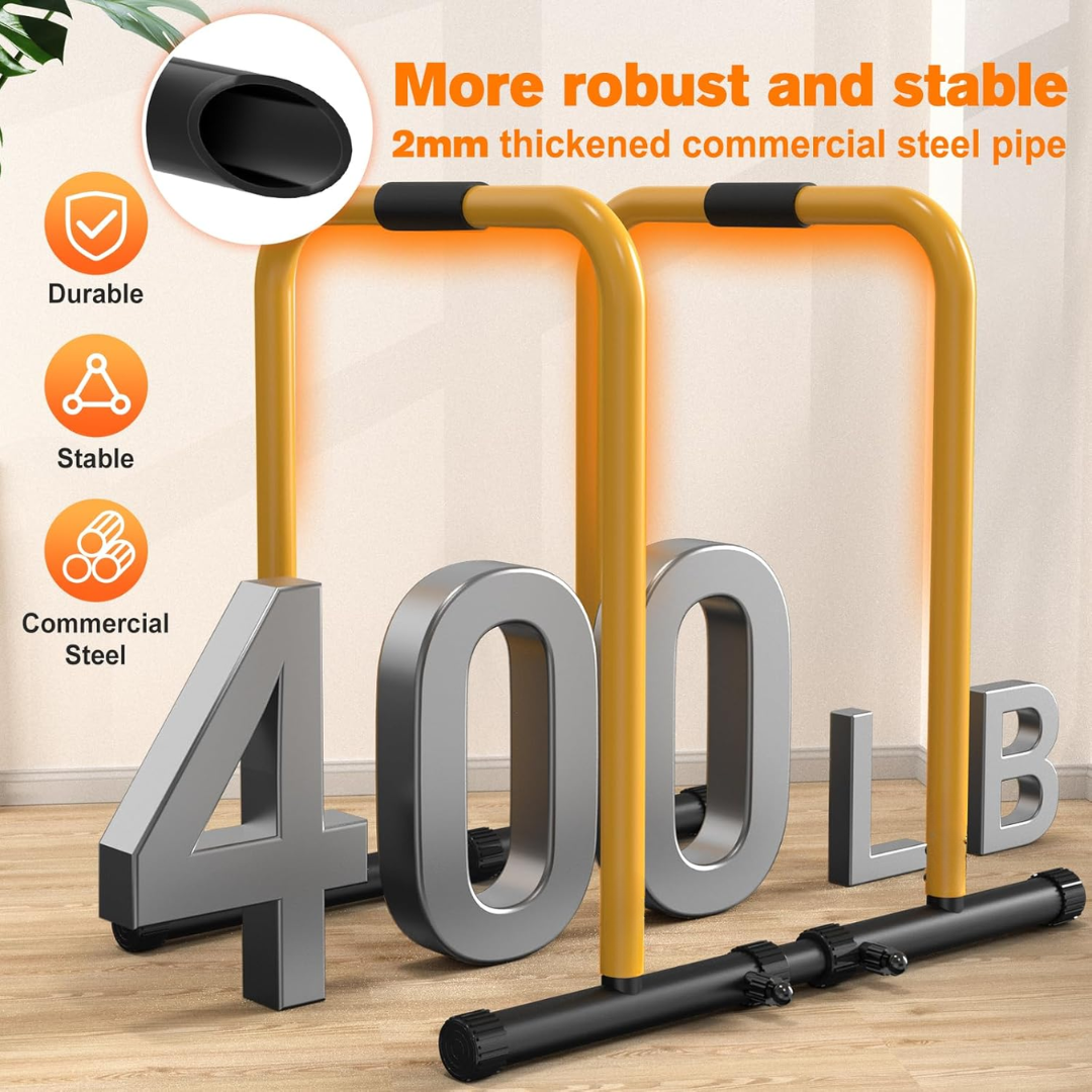 Home gym black & yellow dip station & push-up stand, durable workout equipment for bodyweight strength.