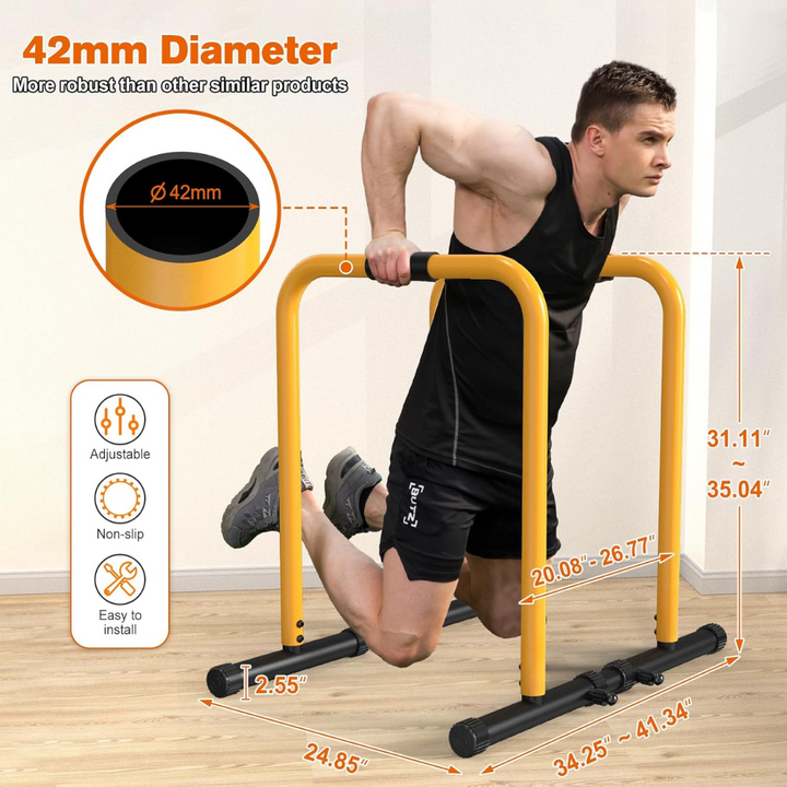 Compact black & yellow Home Fitness Dip Station for bodyweight push-ups, dips, and strength training.