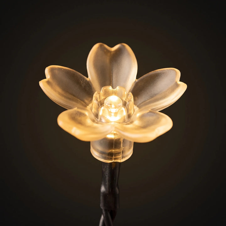 Easy-install solar flower LED string lights brightening a backyard fence. Waterproof outdoor lighting.
