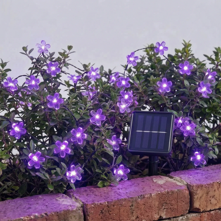 Enchanting solar blossom string lights adding decorative charm to a garden. Waterproof for year-round outdoor ambiance.