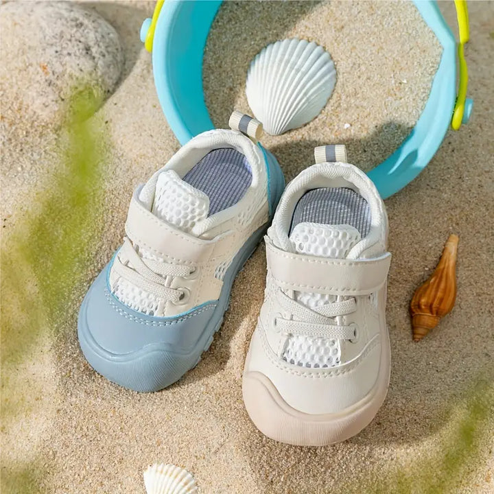 Beige FlexiToes toddler barefoot sneakers, anti-slip & comfortable for natural foot development.