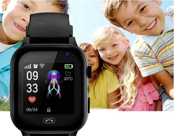 Active kid with a vibrant orange wearable 4G GPS smartwatch, tracking steps & staying connected safely.