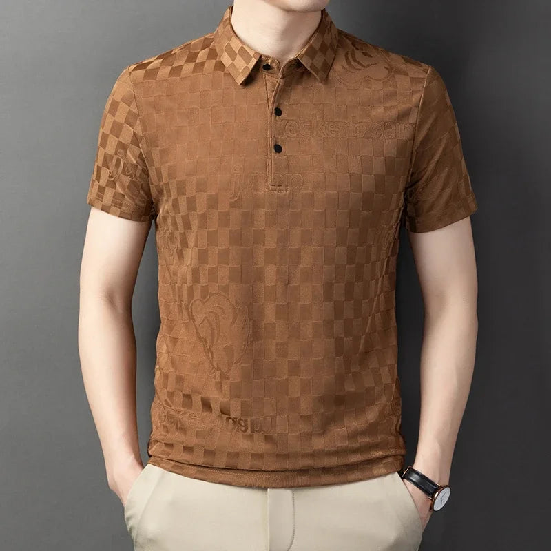 Classic blue men's short sleeve polo, ideal for sophisticated casual wear.