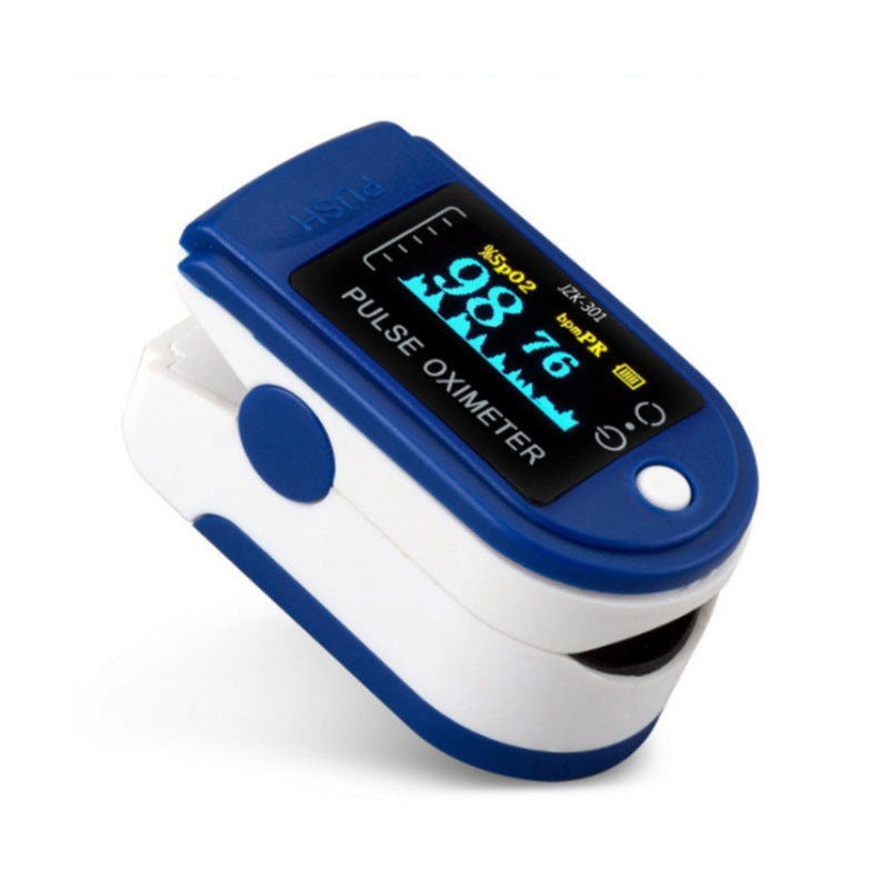 Blue portable fingertip pulse oximeter measures blood oxygen saturation & heart rate for home health monitoring.