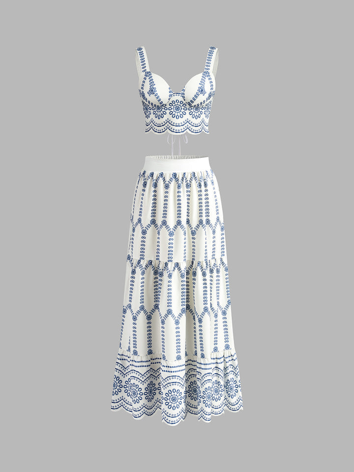 Blue & white printed women's sleeveless tie-back top & midi skirt set, perfect for summer casual wear.