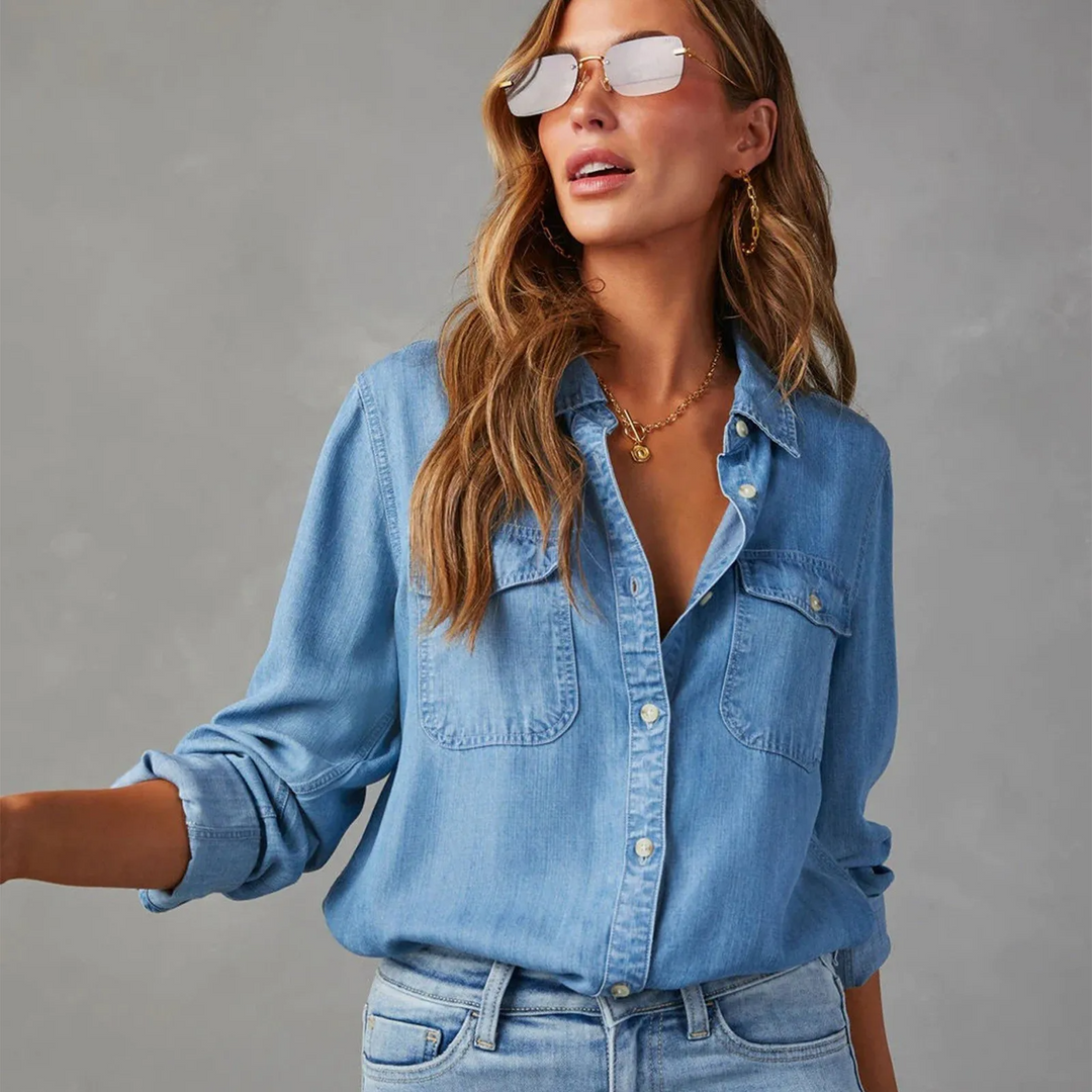 Casual women's blue button-up top, long sleeve with a relaxed fit, ideal for effortless everyday style.