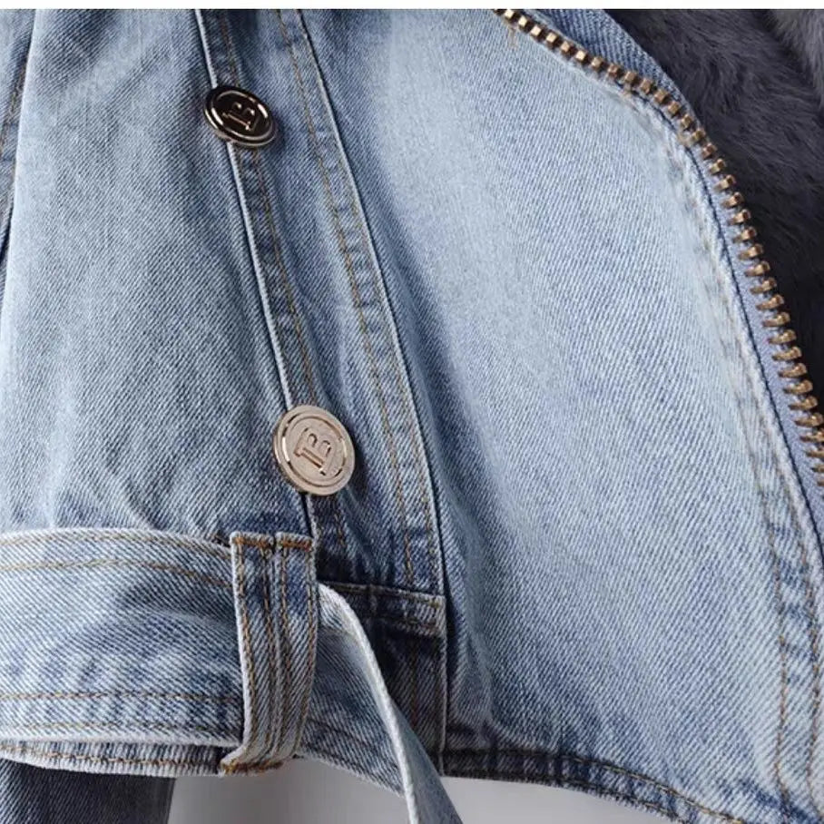 Sophisticated blue women's winter jacket, faux-trimmed for warmth & style. Essential chic outerwear.