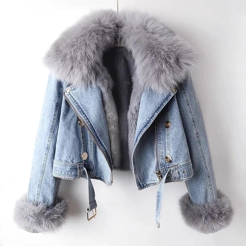 Women's warm blue winter jacket, stylish faux-trimmed outerwear, chic & comfortable for cold weather.