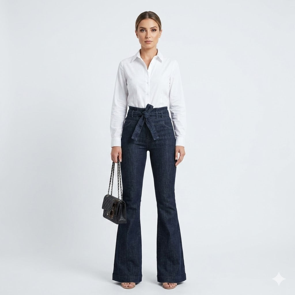 Blue women's high waisted flare jeans with a sculpting fit, perfect for casual everyday fashion.