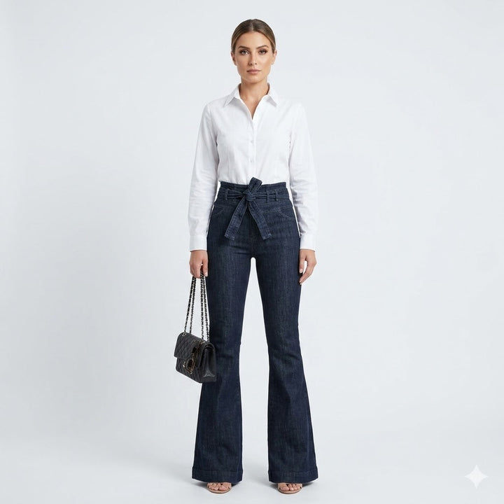 Blue women's high waisted flare jeans with a sculpting fit, perfect for casual everyday fashion.