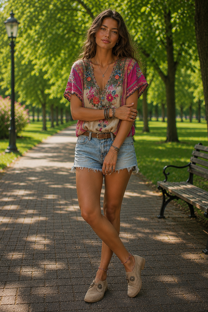 Charming women's festival style casual top. Bohemian design, relaxed fit for summer fashion & travel wear.