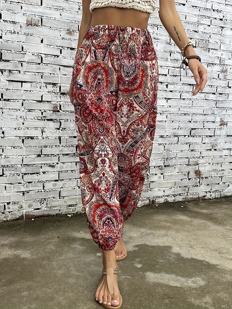 Bohemian print smocked waist trousers for women, boho ethnic graphic pants
