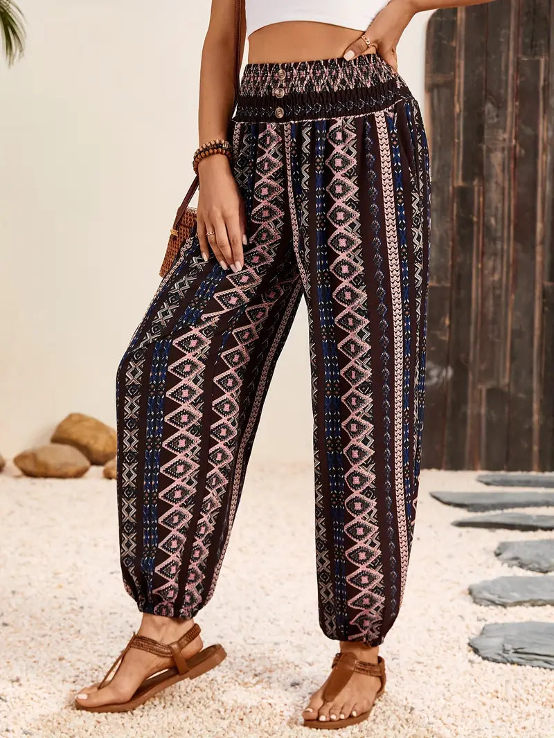 Casual loose fit bohemian trousers for women featuring a vibrant graphic print