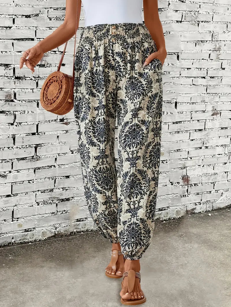 Summer fashion women's comfort pants with a smocked waist and ethnic pattern