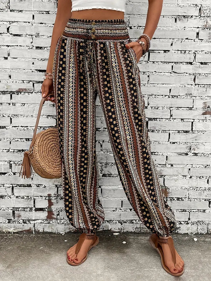 Boho-chic women's pants, Solara model, with ethnic print & smocked waist details
