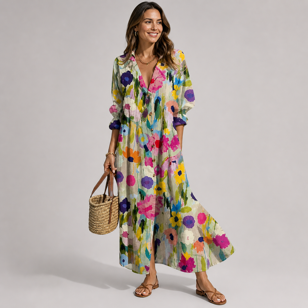 Elegant women's button-front maxi dress, bohemian print, V-neck, long sleeves, perfect for casual resort wear.